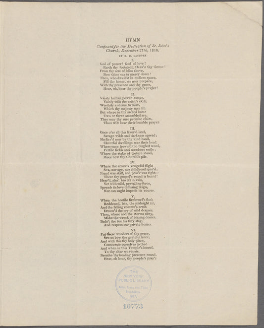 Hymn, Composed for the Dedication of St. John’s Church, December 27th, 1816