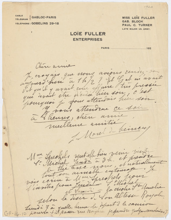 Letter written on Loie Fuller Enterprises letterhead