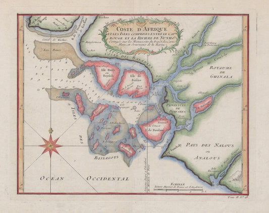 Coste d'Afrique et les Isles comprises entre le Cap Rouge et la riviere de Nunho: corrigée sur les manuscripts du depôt des cartes, plans, et journaux de la marine
