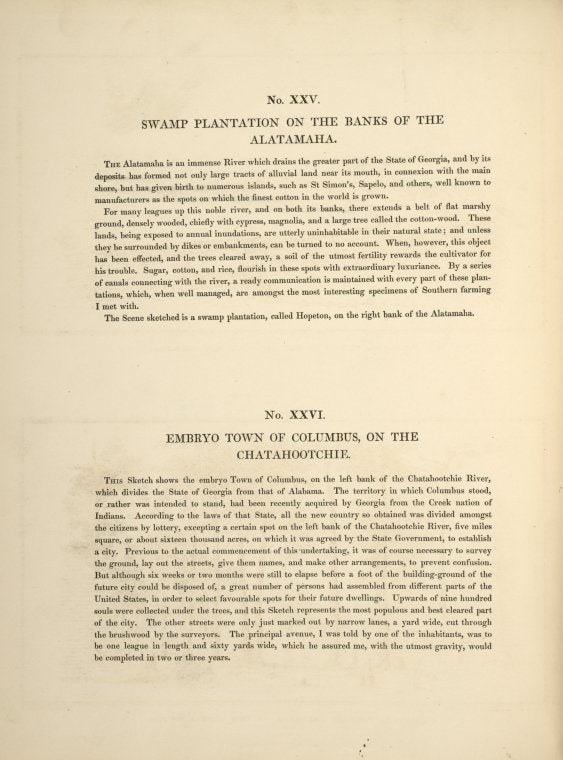 No. XXV. Swamp plantation on the banks of the Alatamaha; No. XXVI. Embryo town of Columbus, on the Chatahootchie