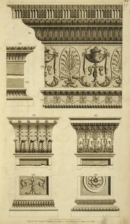 Upper right design of cornice, frieze, and architrave