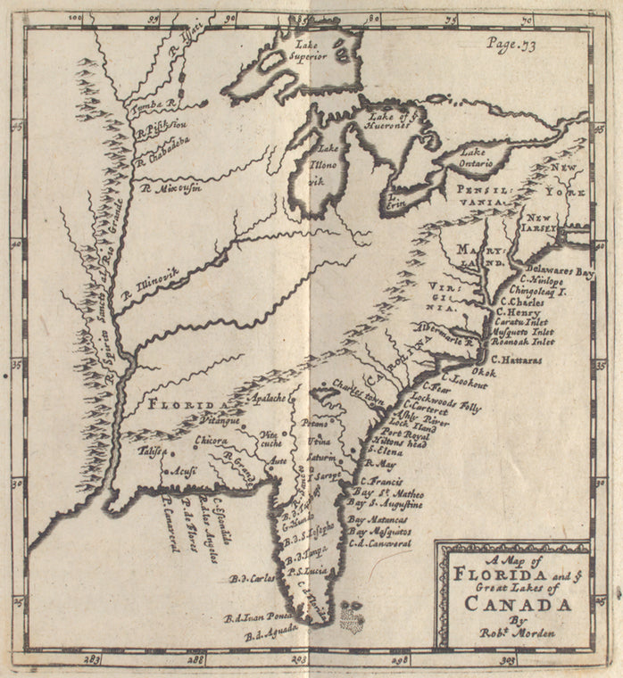 A map of Florida and ye Great Lakes of Canada