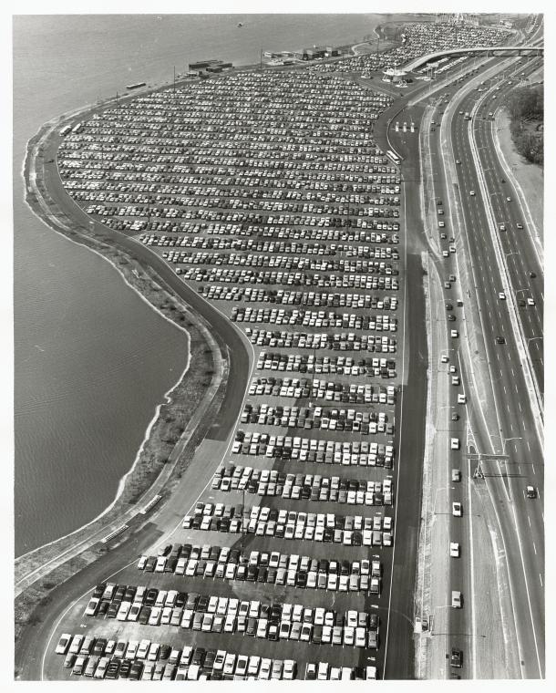 Aerial view of fair. [Parking lot]