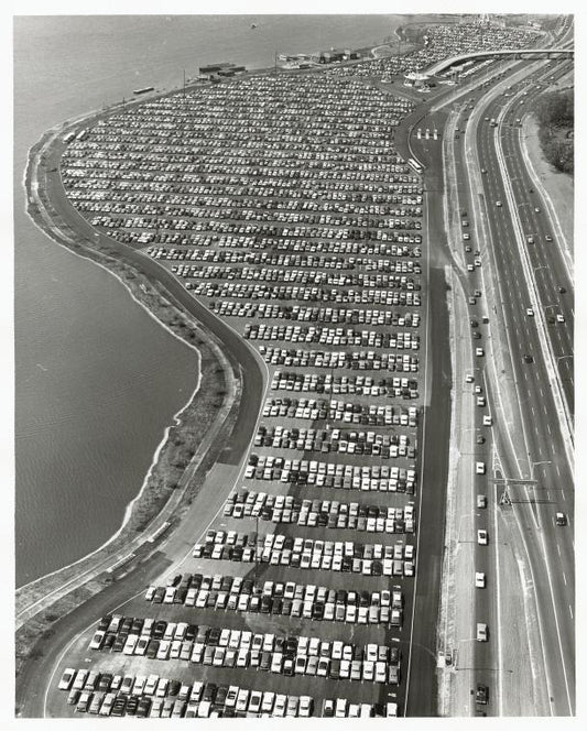 Aerial view of fair. [Parking lot]