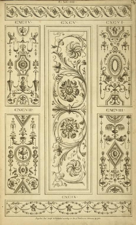 Central design of two floral shapes surrounded by curling vegetal shapes
