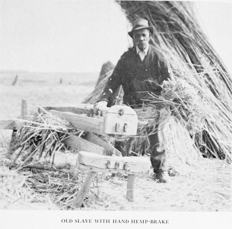 Old slave with hand held hemp-brake.