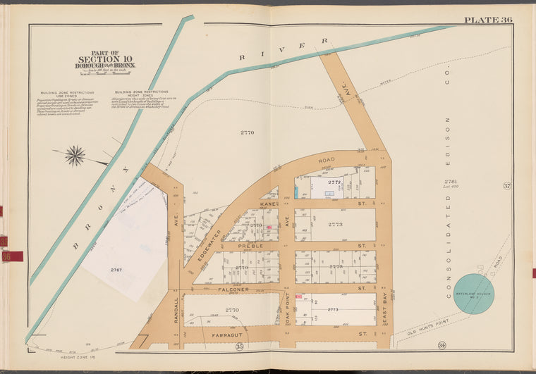 Double Page Plate No. 36, Part of Section 10, Borough of the Bronx: [Bounded by (Bronx River) Edgewater Road,  (Consolidated Edison Co.) East Bay Avenue, Farragut Street and Randall Avenue]