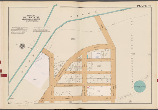 Double Page Plate No. 36, Part of Section 10, Borough of the Bronx: [Bounded by (Bronx River) Edgewater Road,  (Consolidated Edison Co.) East Bay Avenue, Farragut Street and Randall Avenue]
