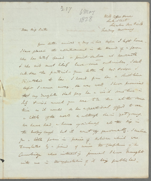 John Adamson to Miss Porter, autograph letter signed