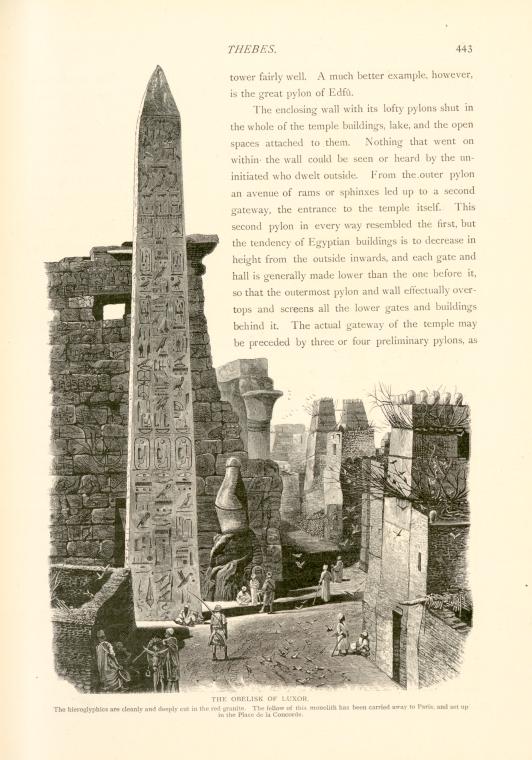 The obelisk of Luxor.  The hieroglyphics are cleanly and deeply cut in the red granite.  The fellow of this monolith has been carried away to Paris, and set up in the Place de la Concorde.
