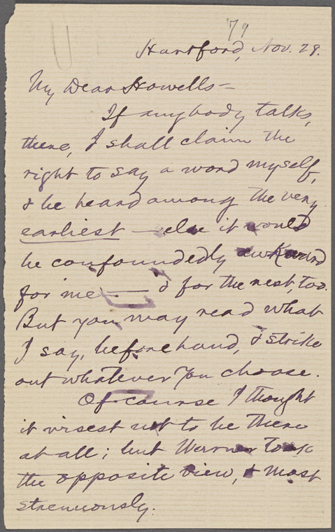 Howells, [William Dean], ALS to. Nov. 28, [1879].