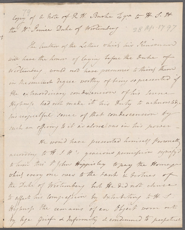 Edmund Burke to Frederick I, King of Württemberg, letter (copy)