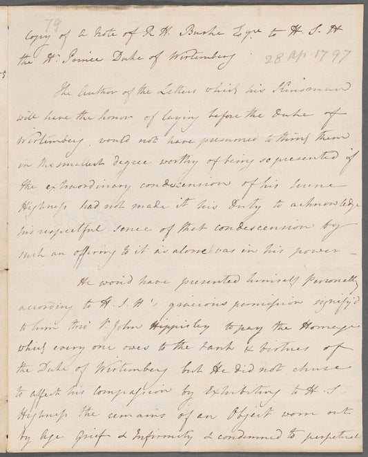 Edmund Burke to Frederick I, King of Württemberg, letter (copy)