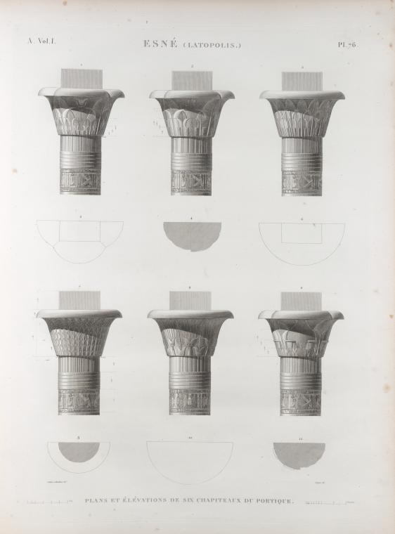 Esné [Isnâ] (Latopolis). Plan et élévations de six chapiteaux du portique.