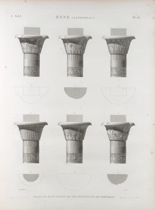 Esné [Isnâ] (Latopolis). Plan et élévations de six chapiteaux du portique.