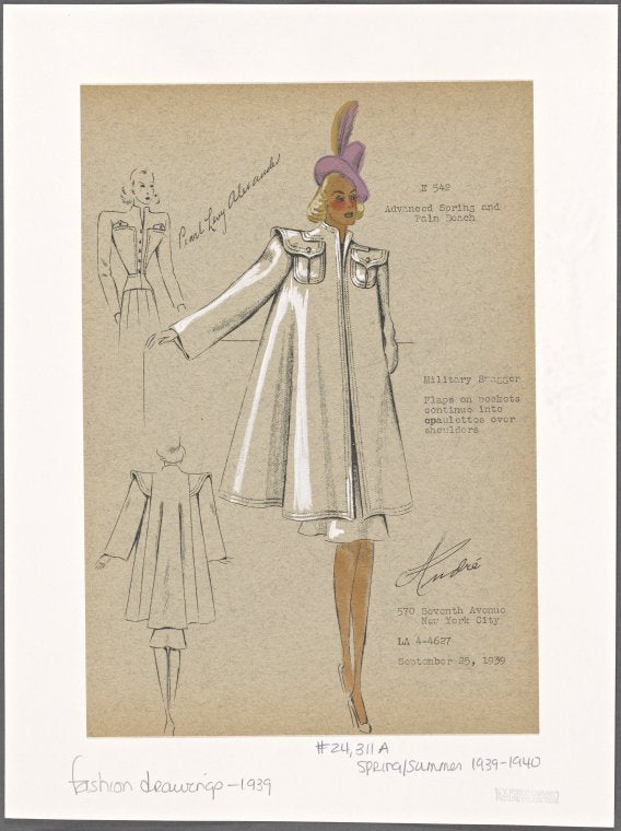 Three piece ensemble with epaulet pocket design on coat.