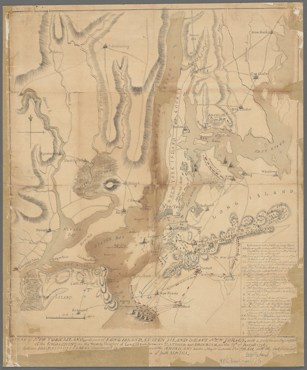 A plan of New York Island, part of Long Island, Staten Island & east New Jersey, with a particular description of the engagement on the woody heights of Long Island, between Flatbush and Brooklyn on the 27th of August 1776