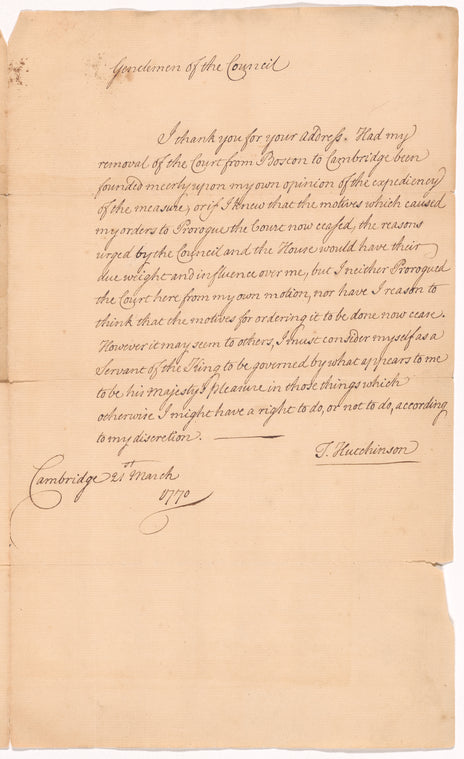 Letter from Thomas Hutchinson to the Council of Massachusetts