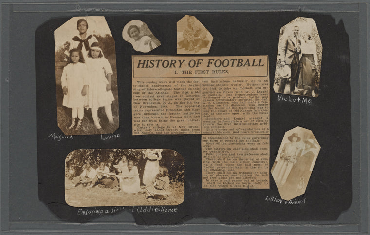 Scrapbook page consisting of snapshots of George Brashear and acquaintances, and a newspaper article on the history of inter-collegiate football, circa 1917
