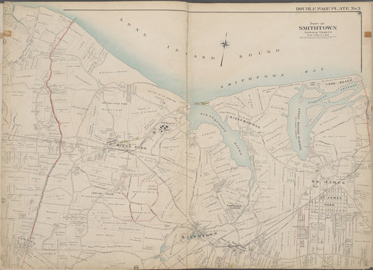 Suffolk County, V. 2, Double Page Plate No. 3 [Map bounded by Long Island Sound, Smith Town Bay, St. James, Smith Town, Com Mack, Kings Park]
