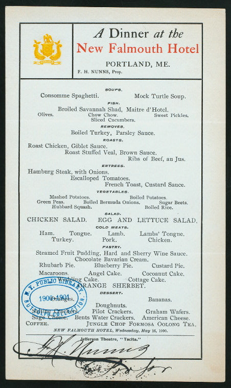 DINNER [held by] NEW FALMOUTH HOTEL [at] "PORTLAND, ME" (HOTEL;)