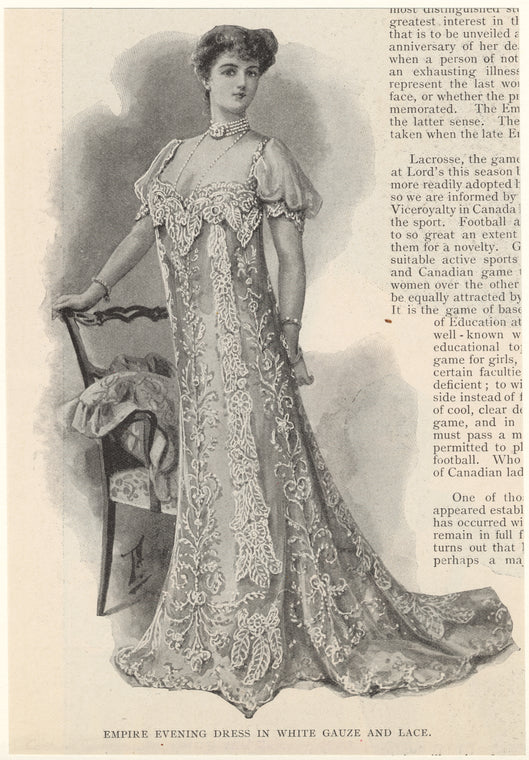 Empire evening dress in white gauze and lace