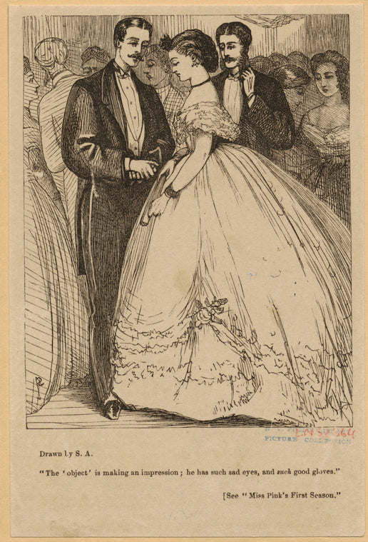 Men in suits, and woman in ballgown, 1860s