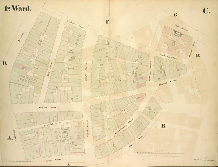 1st Ward. [Map bounded by Exchange Place, William Street, Wall Street, Hanover Street, Beaver Street, Stone Street, Whitehall, Broadway; Including New Street, Broad Street, Marketfield Street, South William Street]