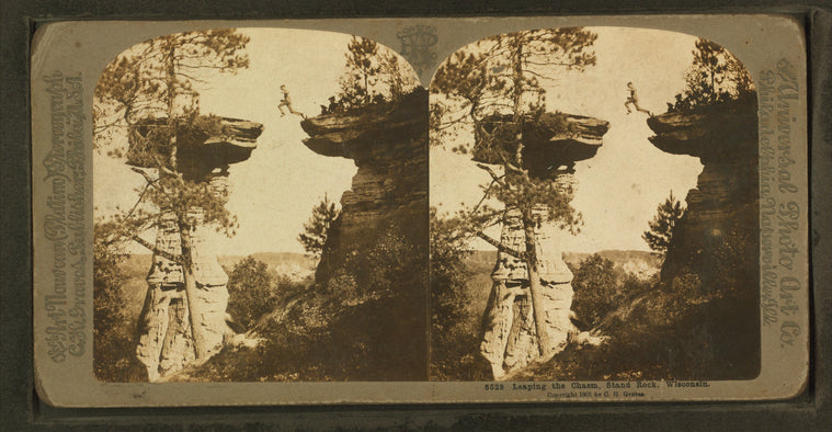 Leaping the chasm, Stand Rock, Wisconsin.