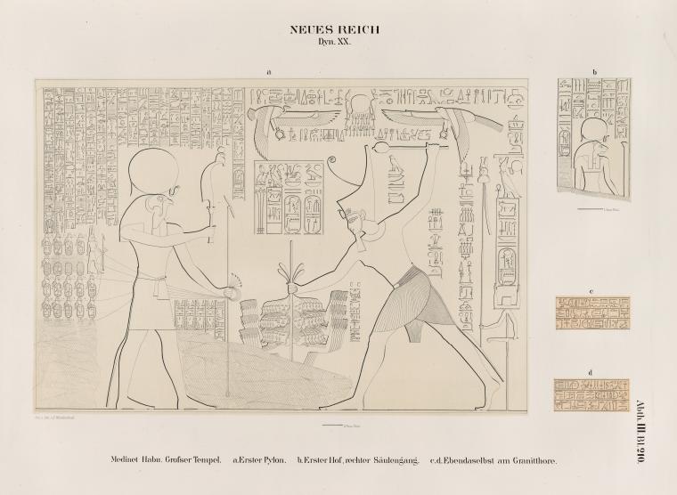 Neues Reich. Dynastie XX.  Medînet Hâbu. Grosser Tempel: a. Erster Pylon; b. Erster Hof, rechter Säulengang; c. d. Elbendaselbst am Granitthore.