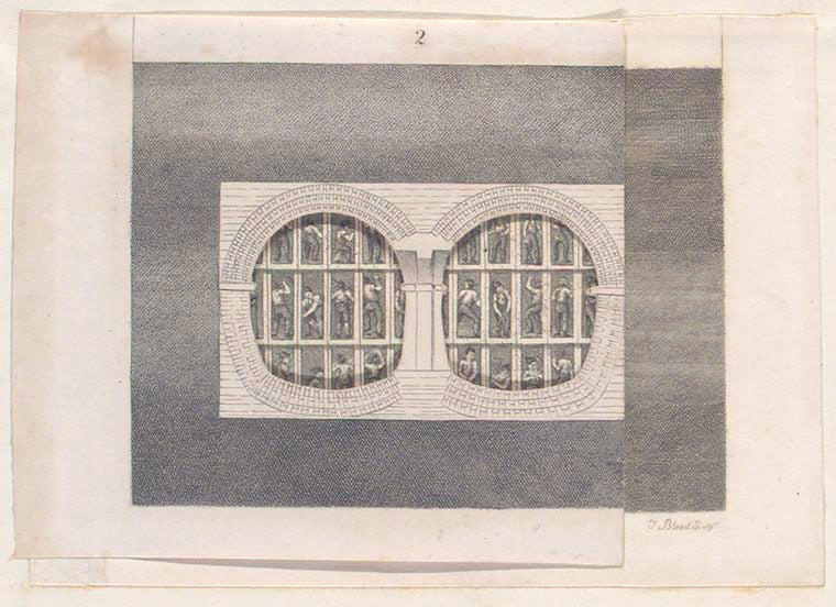 This view exhibits the workmen in the iron shield: with a transverse section of the archways which they build during their operations, shewing [showing] thus how they appear along the archways