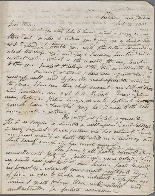 Autograph letter signed to John Allen, 14 July 1816