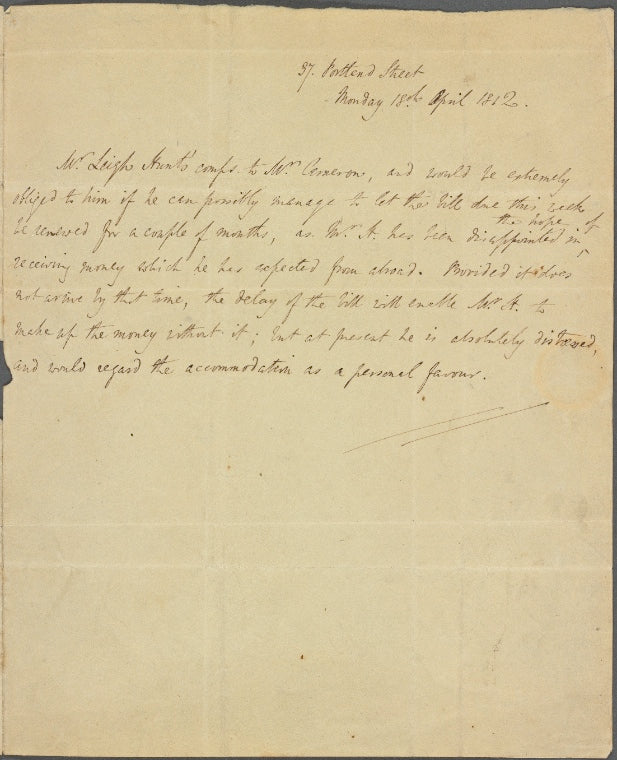 Autograph note, third person, to John Cameron, 18 April 1812