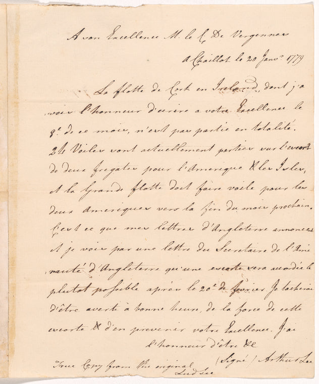 Letter from Count de Vergennes to Arthur Lee