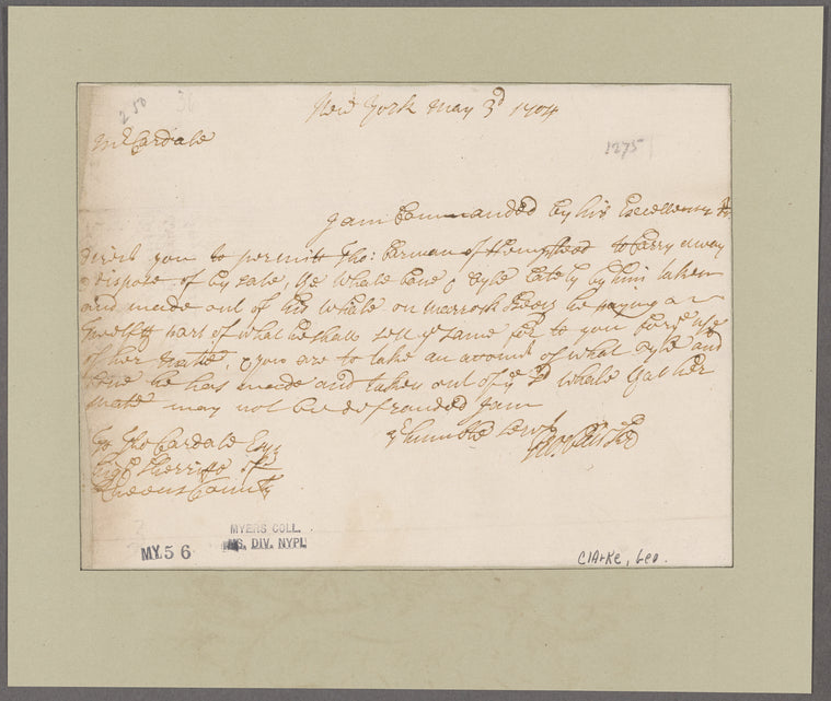 Clarke, George. N.Y. To Mr. [Thomas] Cardale