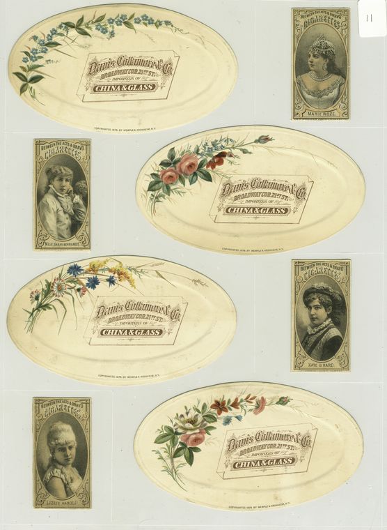 Cigarette cards entitled 'between the act and bravo' depicting actresses Marie Roze, Mlle Sarah Bernhardt, Kate Girard and Lizzie Harold ; oval shaped trade cards depicting flowers.