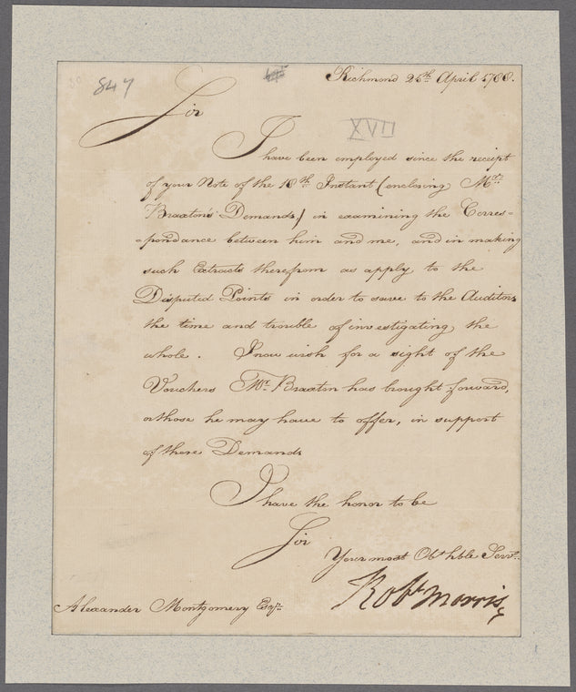 Morris, Robert. Richmond. To Alexander Montgomery