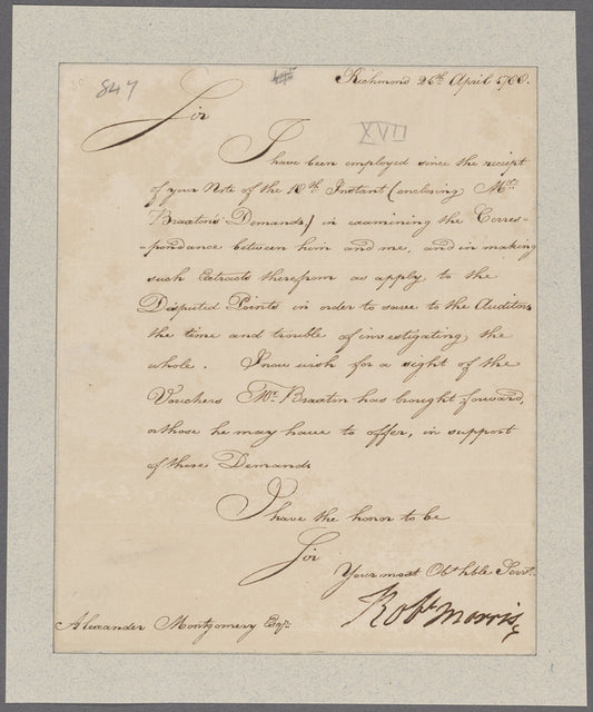 Morris, Robert. Richmond. To Alexander Montgomery