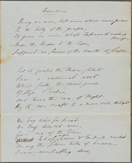 "Bacchus." Holograph poem, unsigned, undated