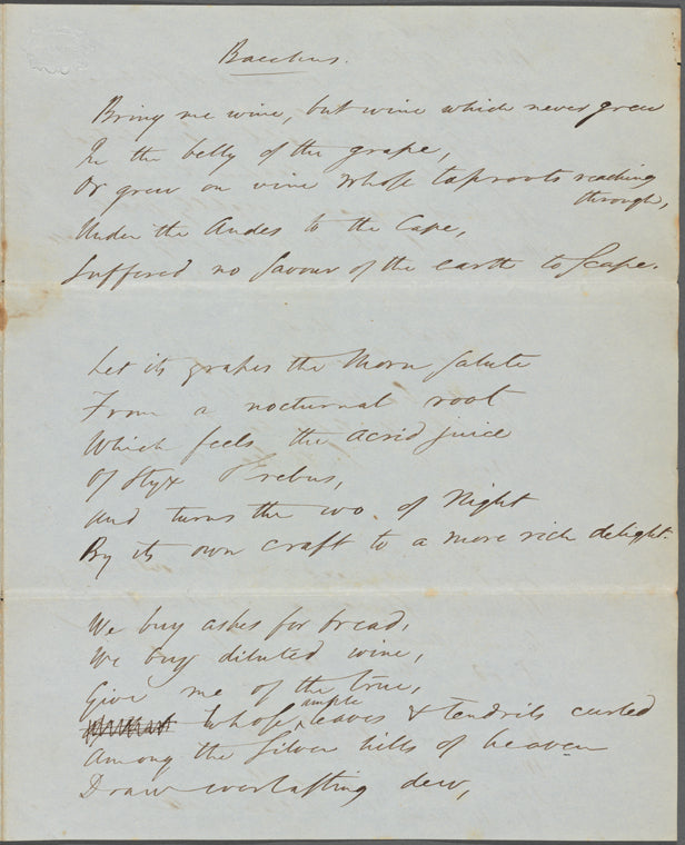 "Bacchus." Holograph poem, unsigned, undated