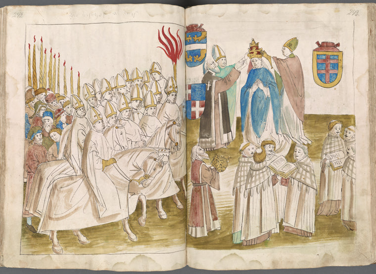 Public coronation of the pope; the emperor with crown in hand stands apart
