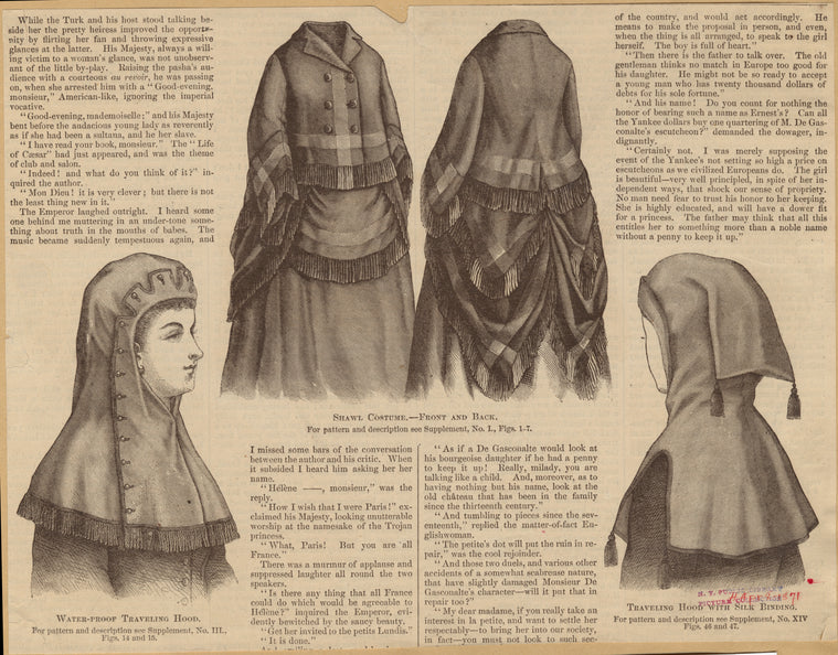 Water-proof traveling hood ; Shawl costume -- front and back ; Traveling hood with silk binding
