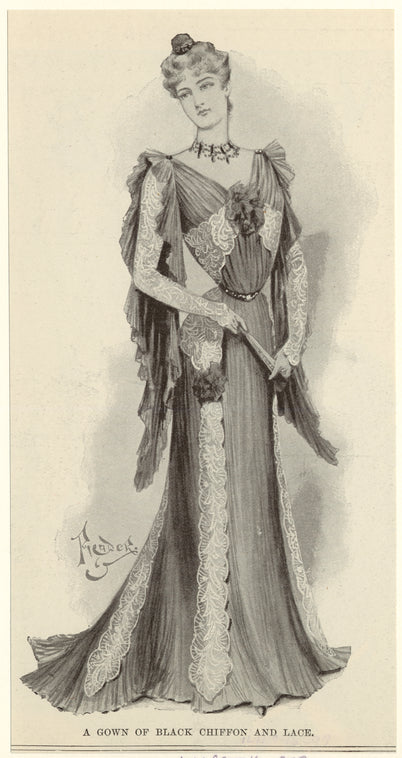 A gown of black chiffon and lace