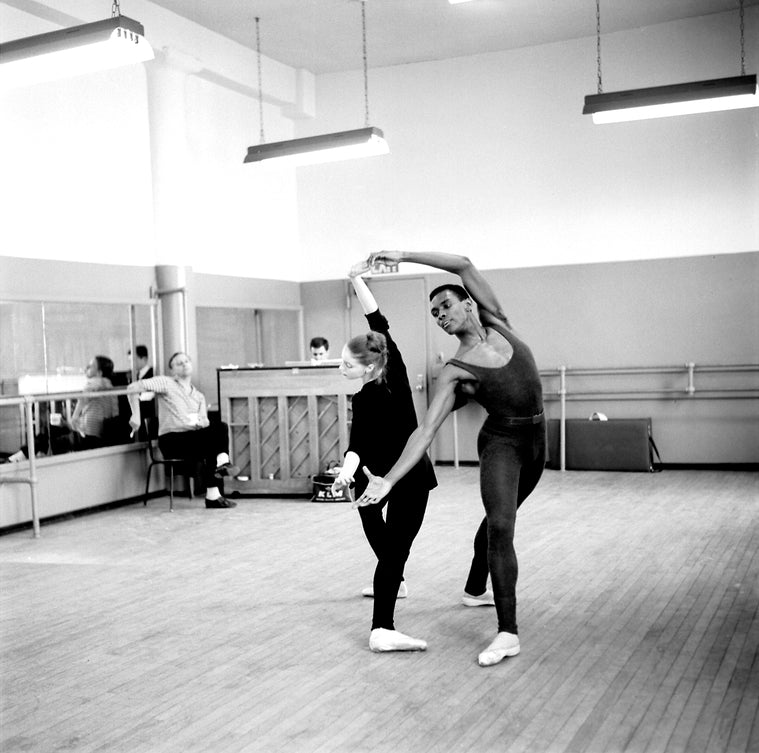 New York City Ballet rehearsal of "Arcade" with John Taras (seated), Suzanne Farrell and Arthur Mitchell, choreography by John Taras (New York)
