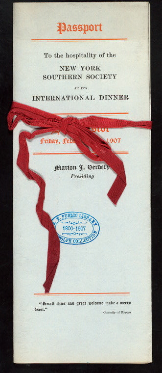 INTERNATIONAL DINNER [held by] NEW YORK SOUTHERN SOCIETY [at] "HOTEL ASTOR, NEW YORK, NY" (HOTEL;)