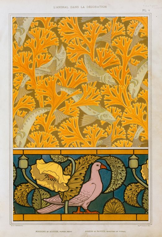 Poisson et algues, papier peint; pigeon et pavots, bordure de vitrail