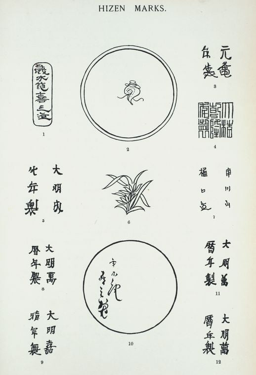 Hizen marks (no. 1-12): 1. Zo Kiso Zo-moku-an, meaning Made by Kiso at the factory Zomokuan (dish, Pl. VIII); 2. Symbol (Pl. VIII); 3. Sei nen Genki, meaning, Made in the [Japanese] period of Genki, A.D. 1570-1573; [etc.]