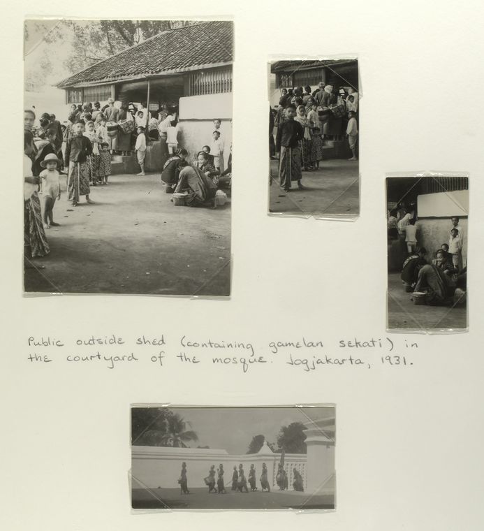 Public outside shed (containing gamelan sekati) in the courtyard of the mosque, Jogjakarta