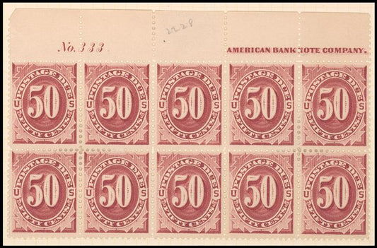 50c bright claret Postage Due block of ten