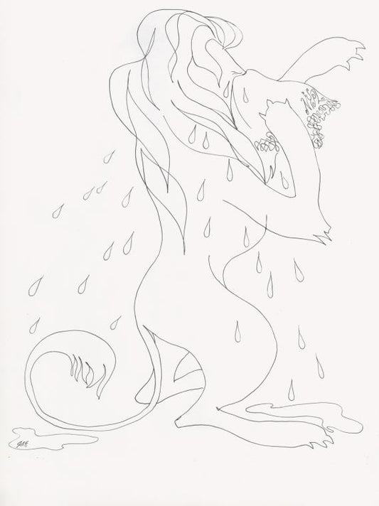 Ink drawing of a lion crying